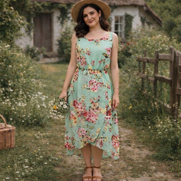 L'Atiste by Amy Mint Floral Sleeveless Dress Fit Flare Spring Cottagecore Size M - Picture 15 of 15